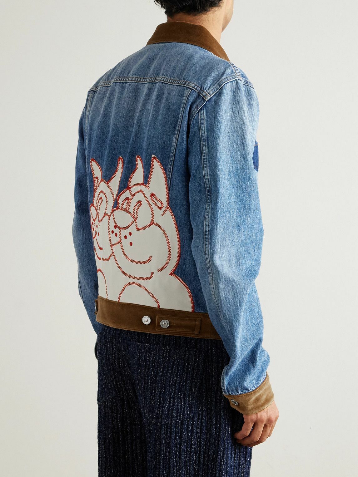 Marni - Slawn and Soldier Appliquéd Cotton Velvet-Trimmed Denim Jacket - Blue