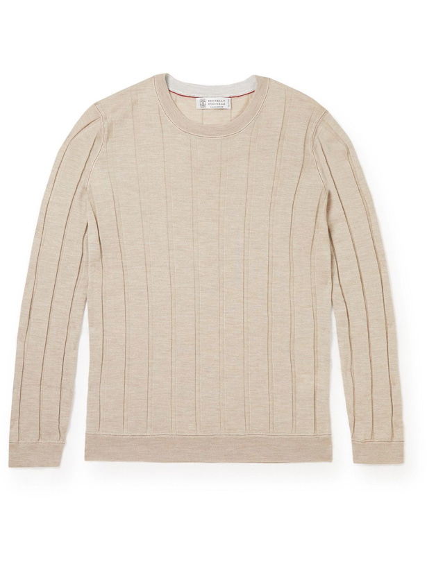 Photo: Brunello Cucinelli - Ribbed Cashmere and Silk-Blend Sweater - Neutrals