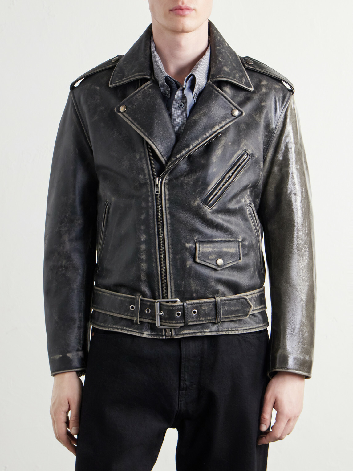 Maison Margiela - Belted Distressed Leather Biker Jacket - Brown