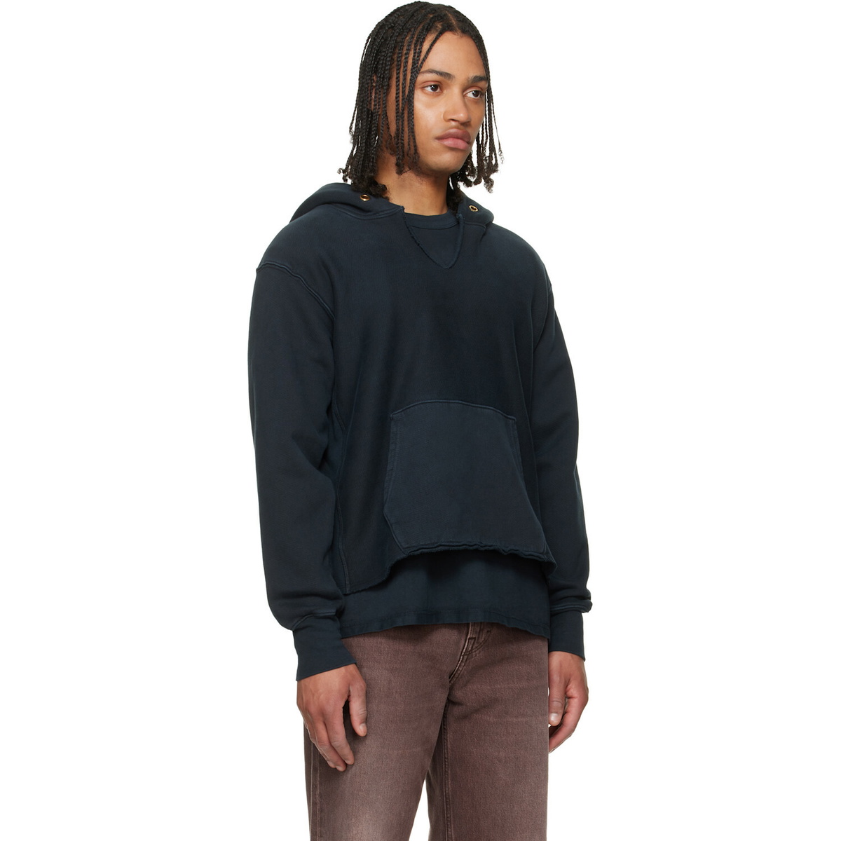 Les Tien Black Heavyweight Raw Cropped Hoodie