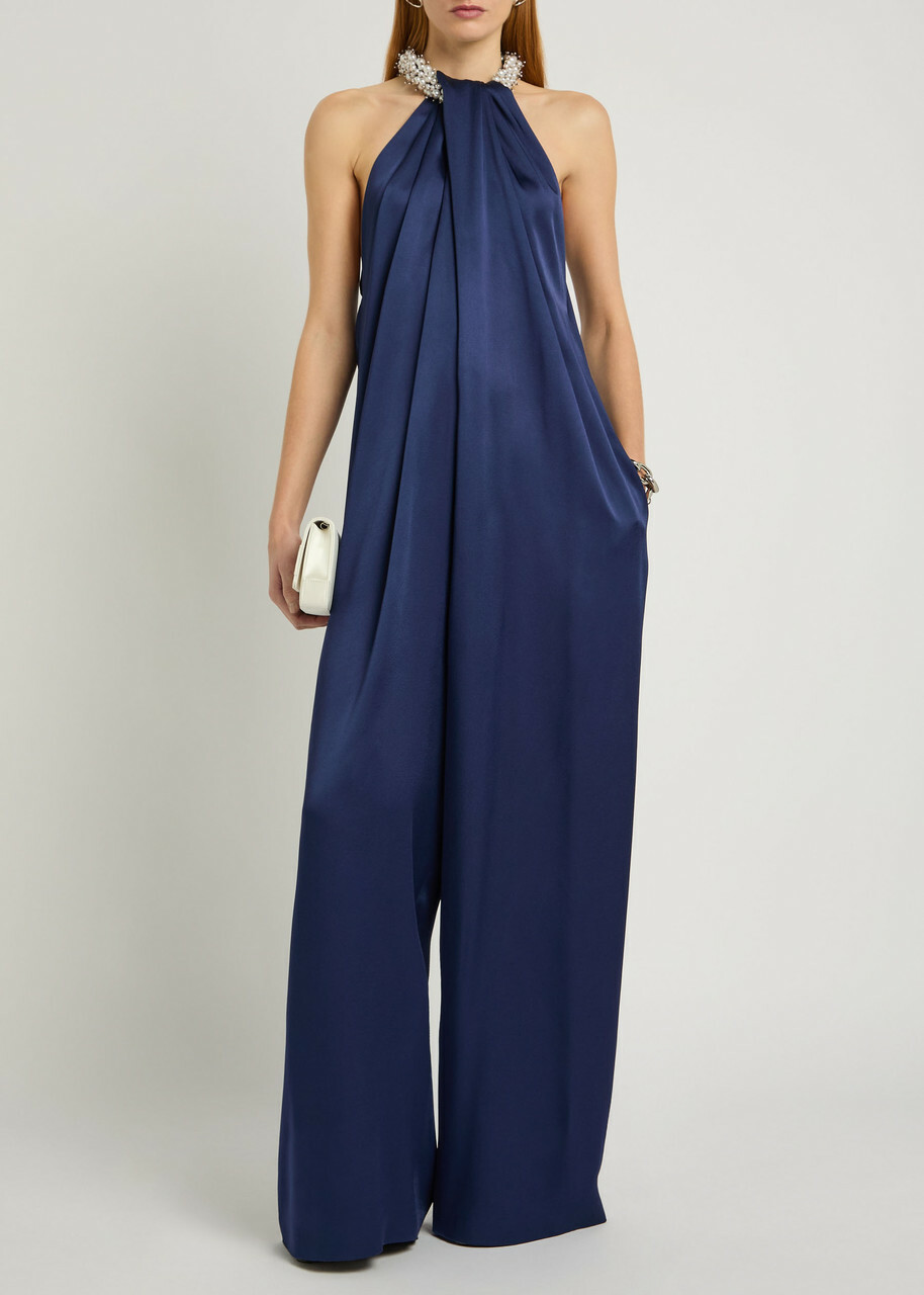 Stella Mccartney Draped Faux Pearl-embellished Satin Jumpsuit Navy