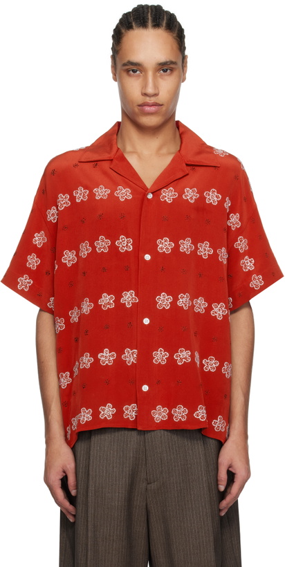 Photo: Glass Cypress Red Silk Flower Bowling Shirt
