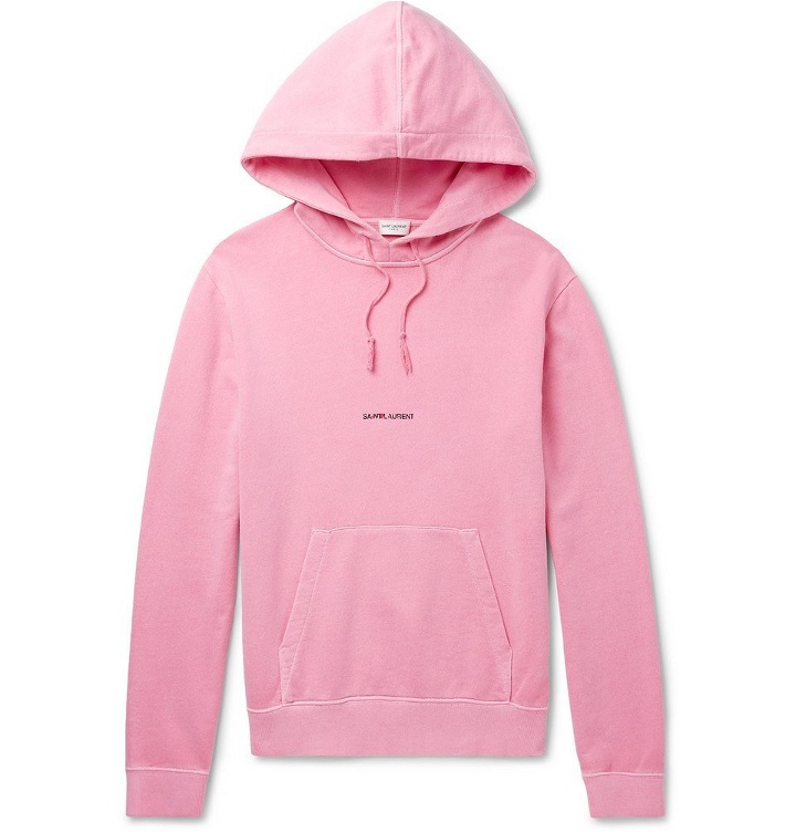 Photo: Saint Laurent - Logo-Print Distressed Loopback Cotton-Jersey Hoodie - Men - Pink