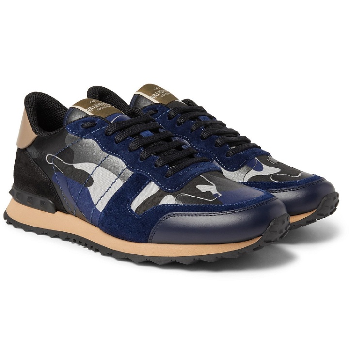 Photo: Valentino - Valentino Garavani Rockrunner Suede, Leather and Canvas Sneakers - Blue