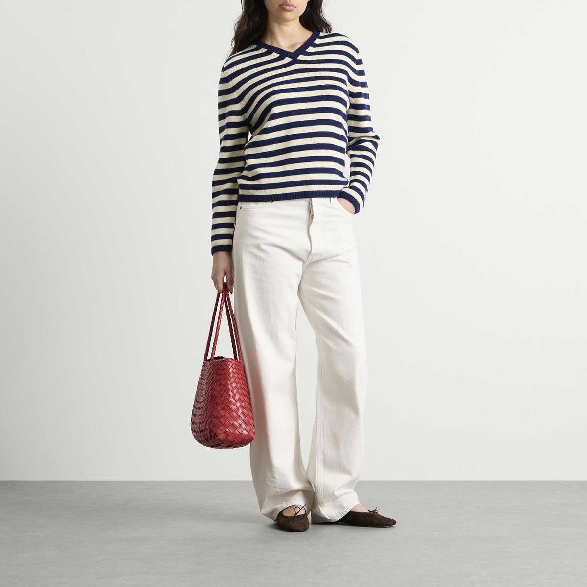 Nothing Written Women's Molly V-Neck Pullover in Ivory Stripe