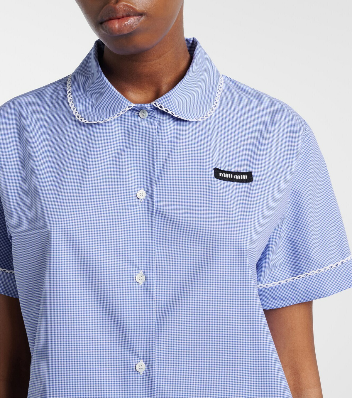 Miu Miu Gingham lace-trimmed cotton poplin shirt