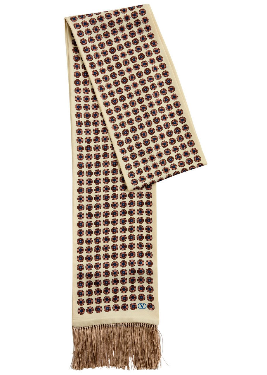 Valentino Printed Fringed Silk-satin Scarf - Beige - One Size
