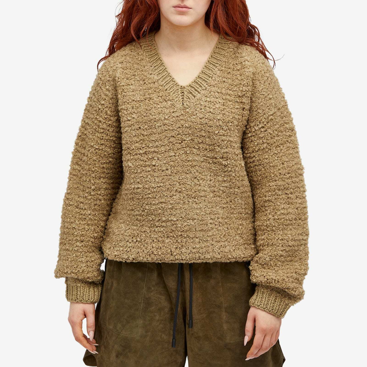 JW Anderson Women's Boucle V Neck Jumper in Flax JW Anderson