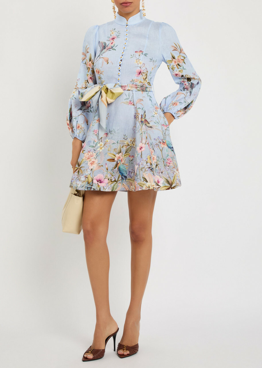 Zimmermann Rebellion Floral Belted Linen Mini Dress Blue