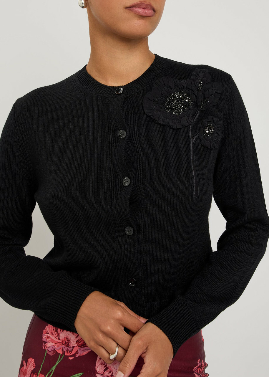 Erdem Floral-embellished Merino Wool Cardigan Black