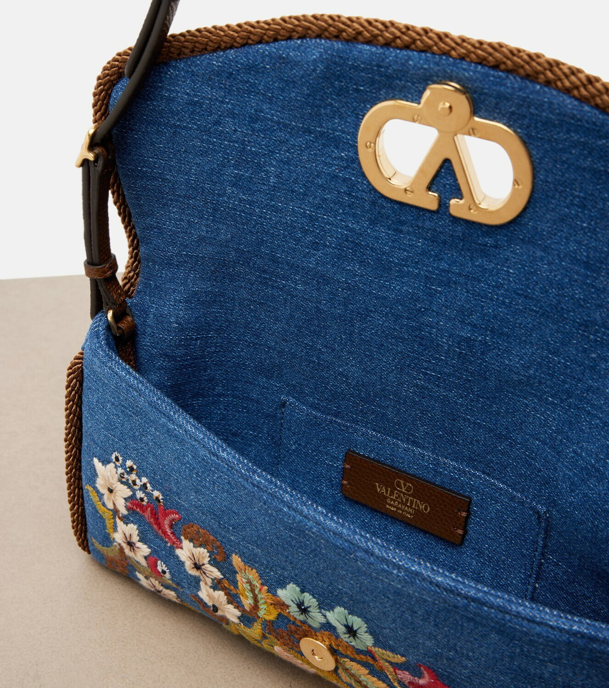 Valentino Garavani DeVain Small embroidered denim shoulder bag
