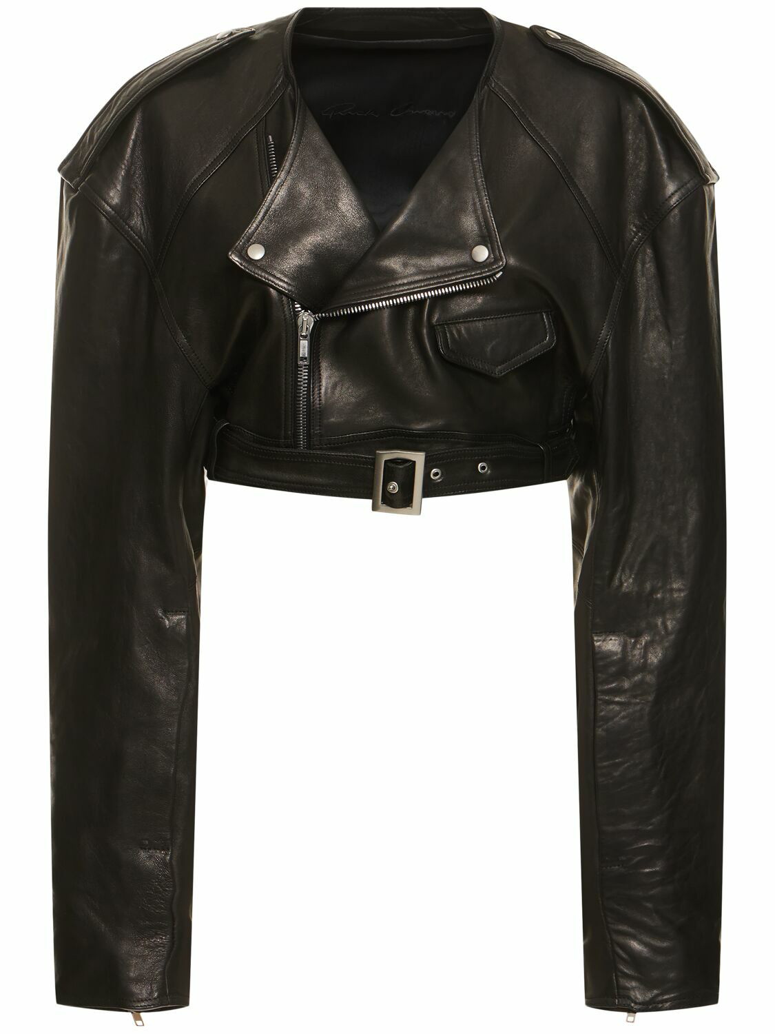 Photo: RICK OWENS Cropped Leather Biker Jacket