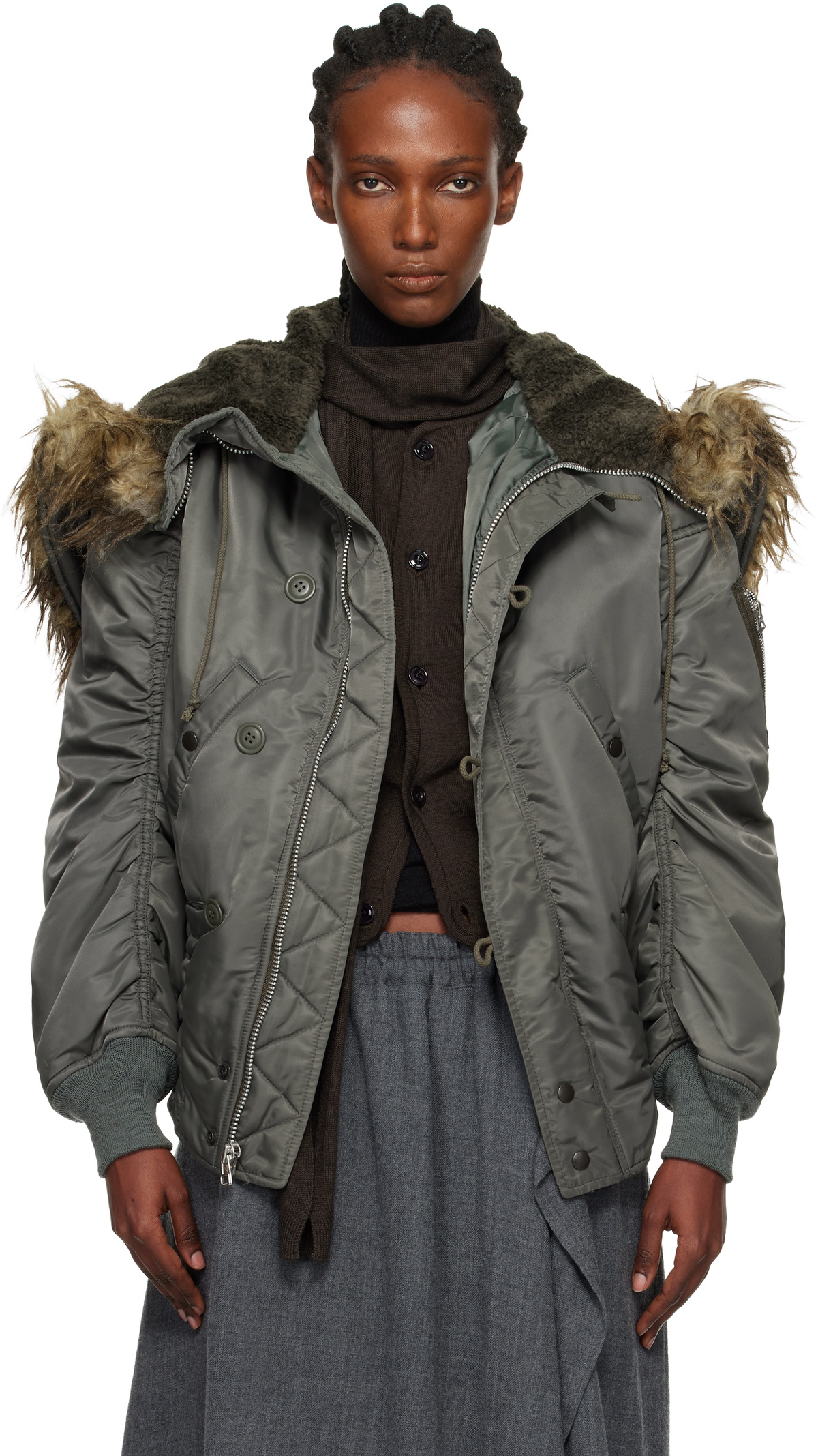 Junya Watanabe Khaki Faux-Fur Hood Bomber Jacket Junya Watanabe