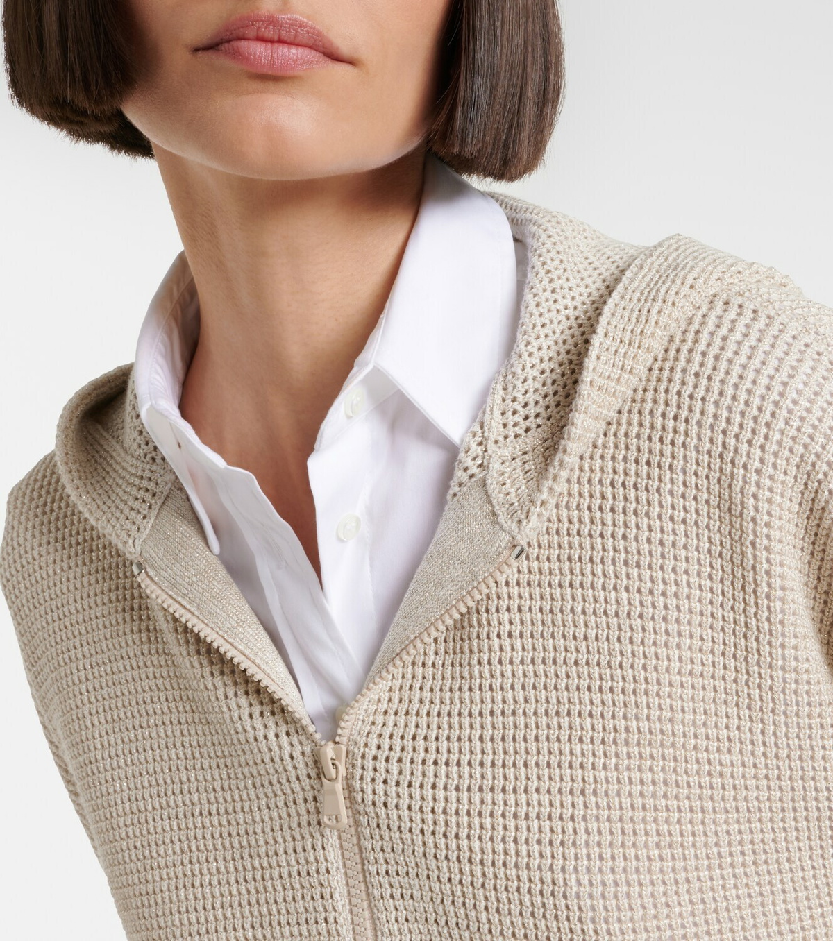Brunello Cucinelli Open-knit cotton-blend lamé zip-up hoodie