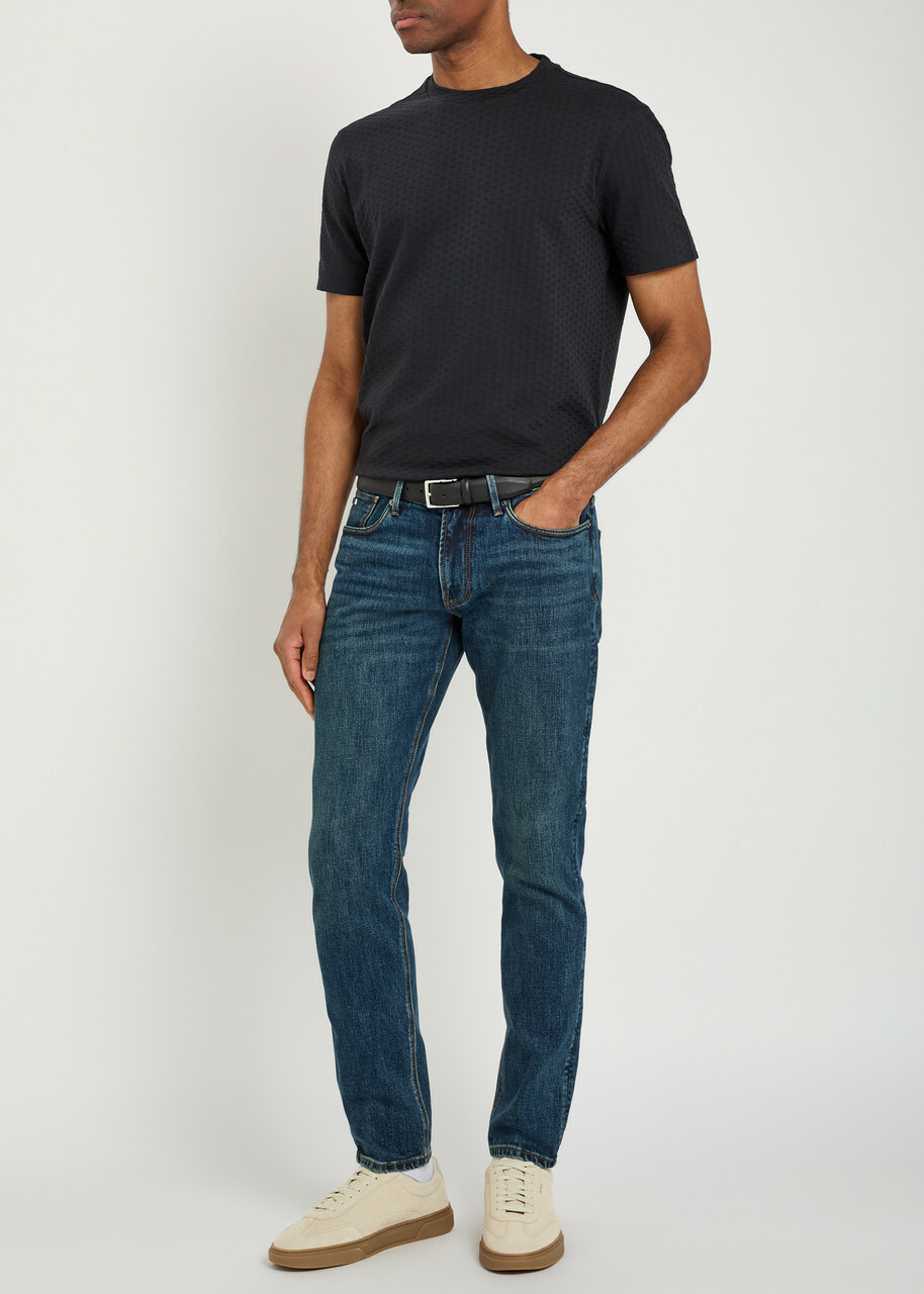 Emporio Armani Jacquard Logo-embroidered Cotton T-shirt Navy