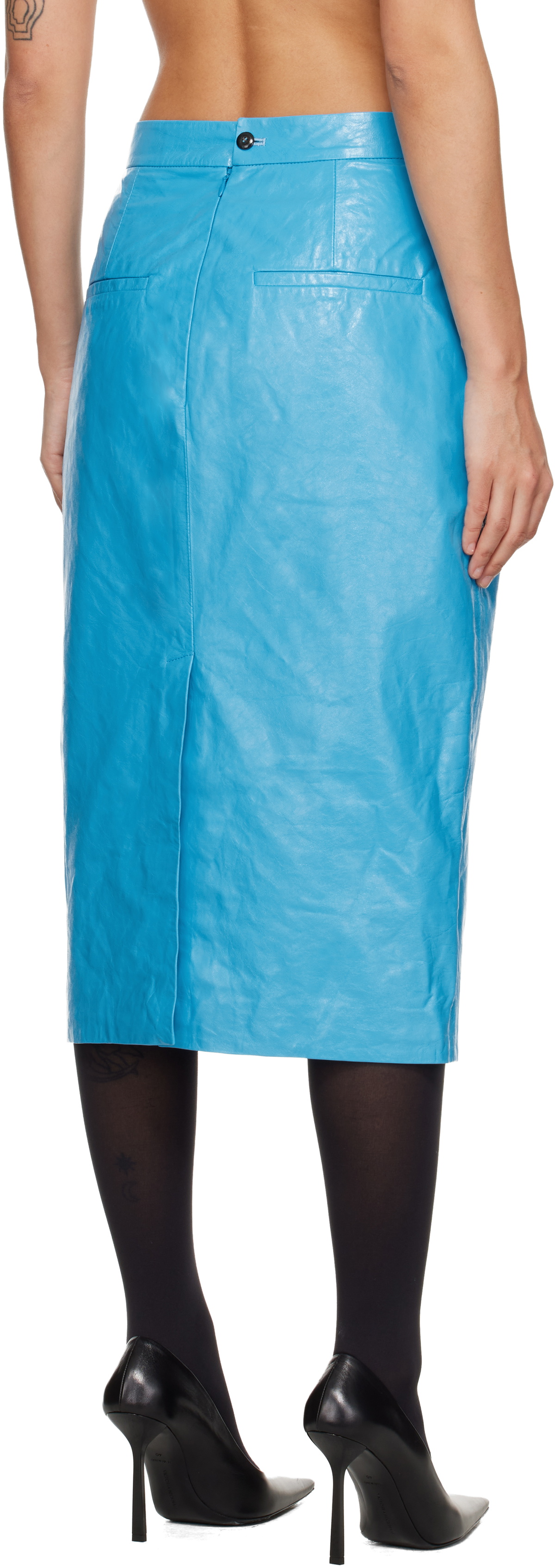 WILLY CHAVARRIA Blue Tubo Leather Midi Skirt