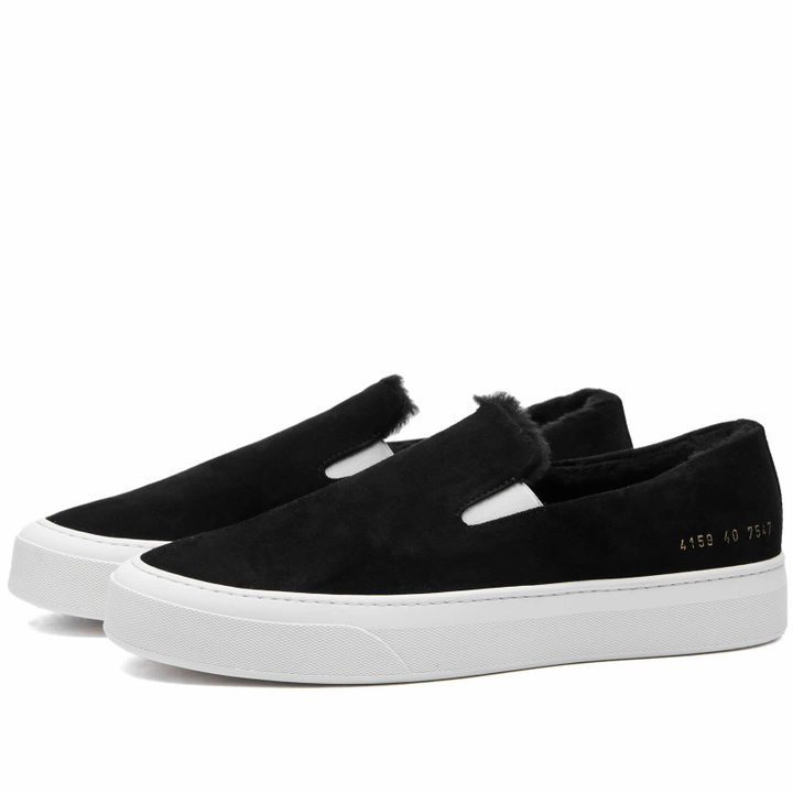 Photo: Woman by Common Projects Women's Shearling Suede Slip On Shoes in Black