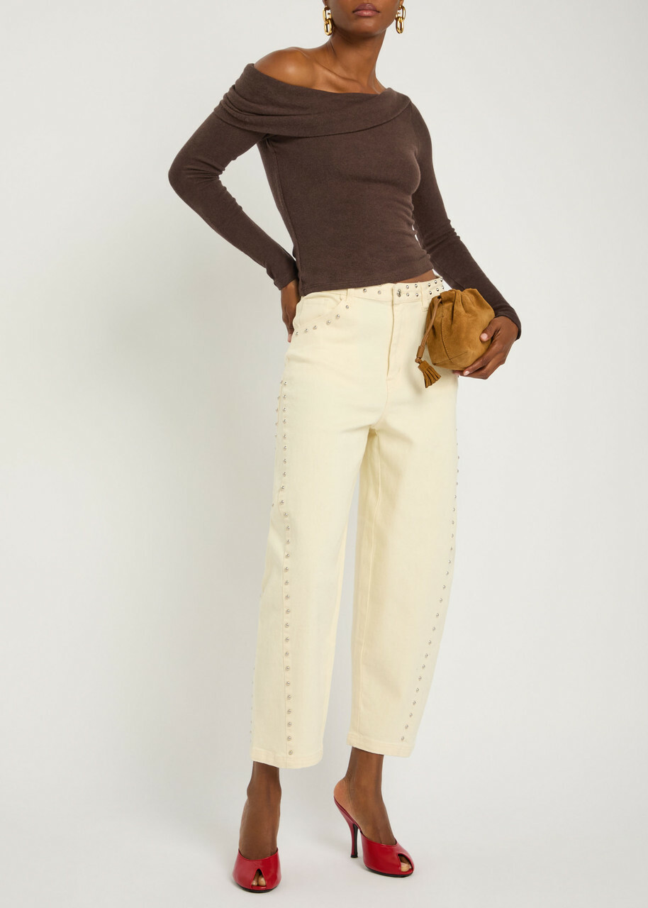 Reformation Elio Off-the-shoulder Knit top Dark Brown