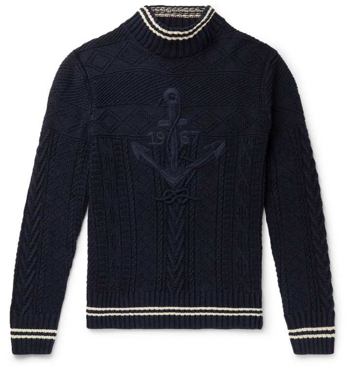 Photo: Polo Ralph Lauren - Embroidered Cable-Knit Cotton-Blend Mock-Neck Sweater - Blue