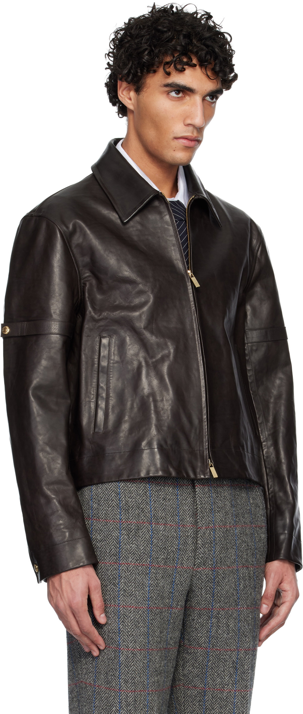 Thom Browne Brown Zip Front Armband Leather Jacket