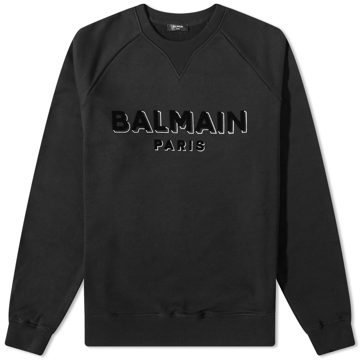 Balmain Men s Flock Foil Paris Logo Crew Sweat in Black Silver Balmain