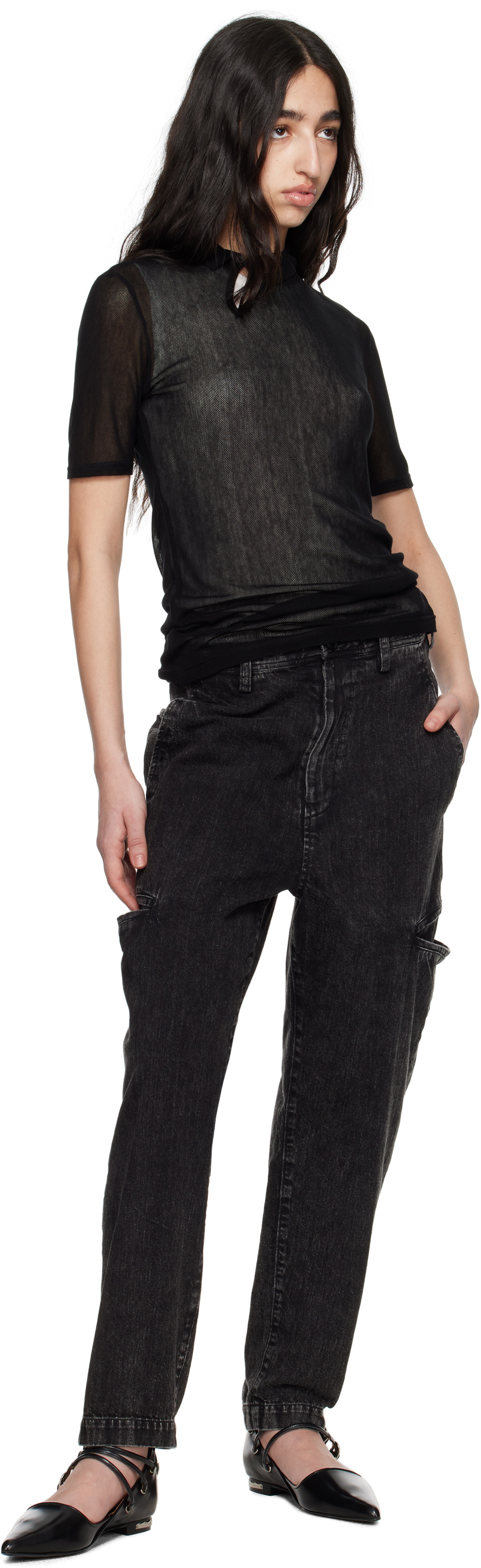 Y's Black Cellulose Tulle Short Sleeve Diagonal Polo