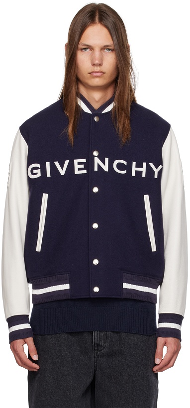 Photo: Givenchy Navy & Off-White Embossed Bomber Jacket