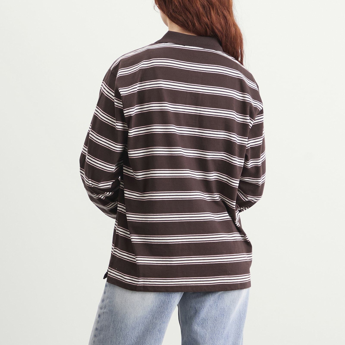 DUNST Women's Long Sleeve Polo Top in Brown Stripe