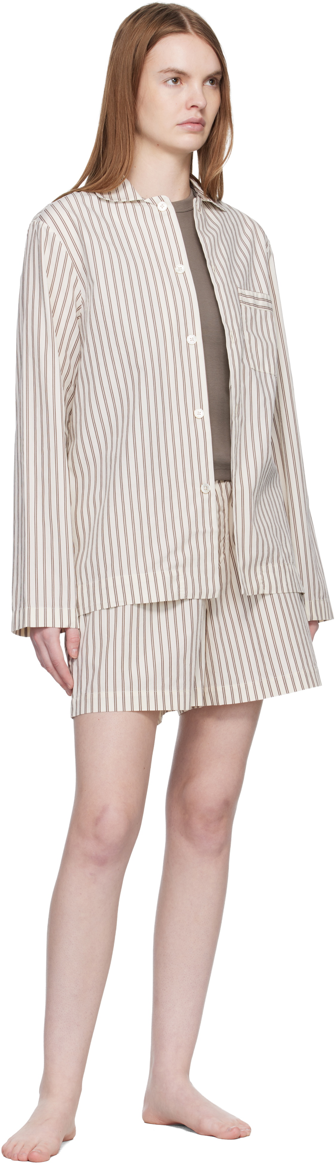 Tekla Off-White & Brown Poplin Pyjama Shorts