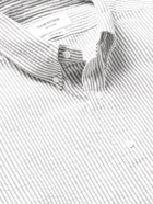 THOM BROWNE - Grosgrain-Trimmed Button-Down Collar Striped Cotton-Seersucker Shirt - Gray