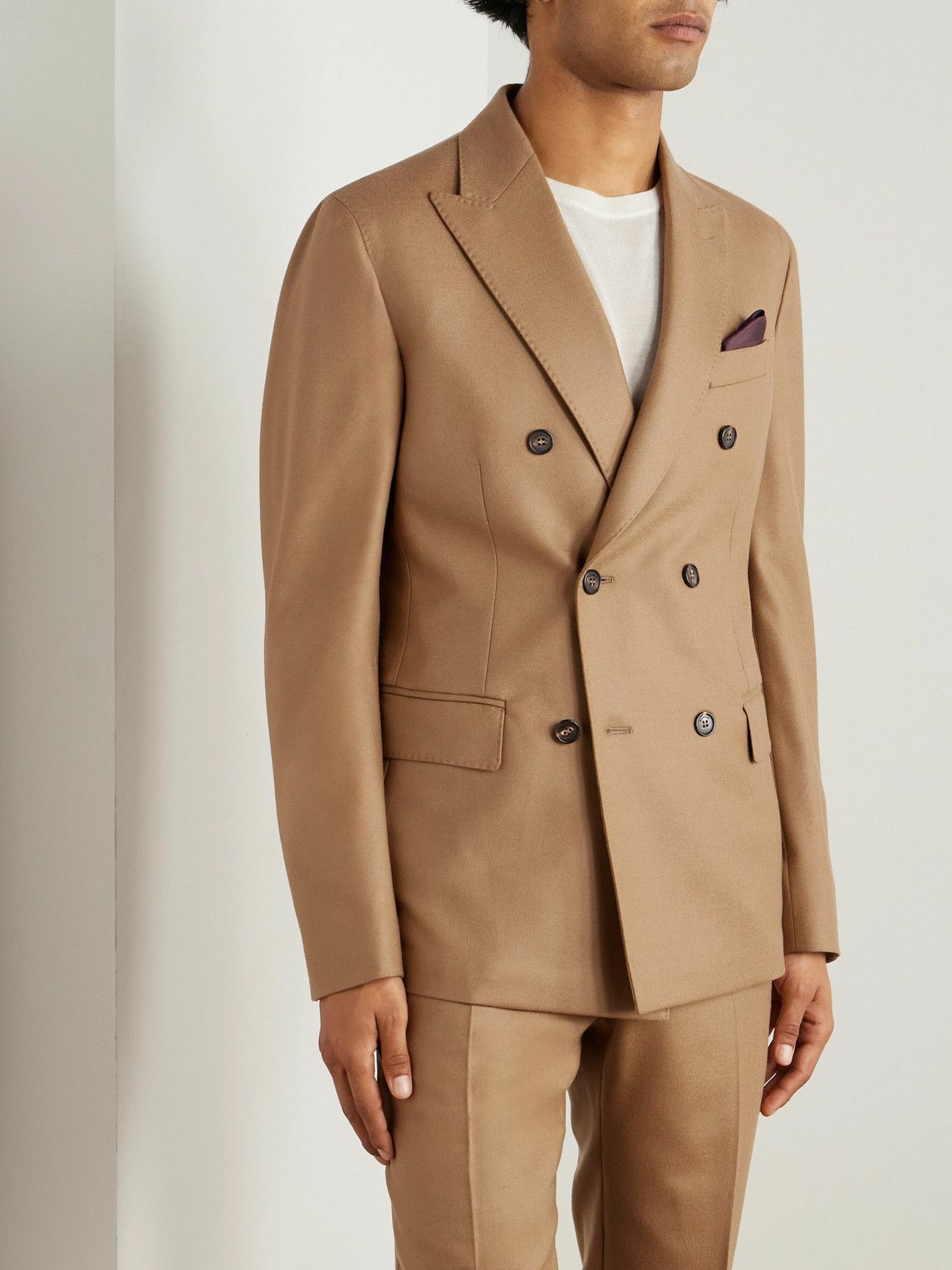 Incotex - Slim-Fit Double-Breasted Virgin Wool-Blend Flannel Suit Jacket - Neutrals