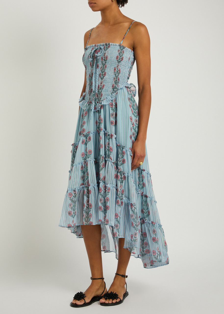 Free People Alejandra Floral Tiered Chiffon Midi Dress Blue
