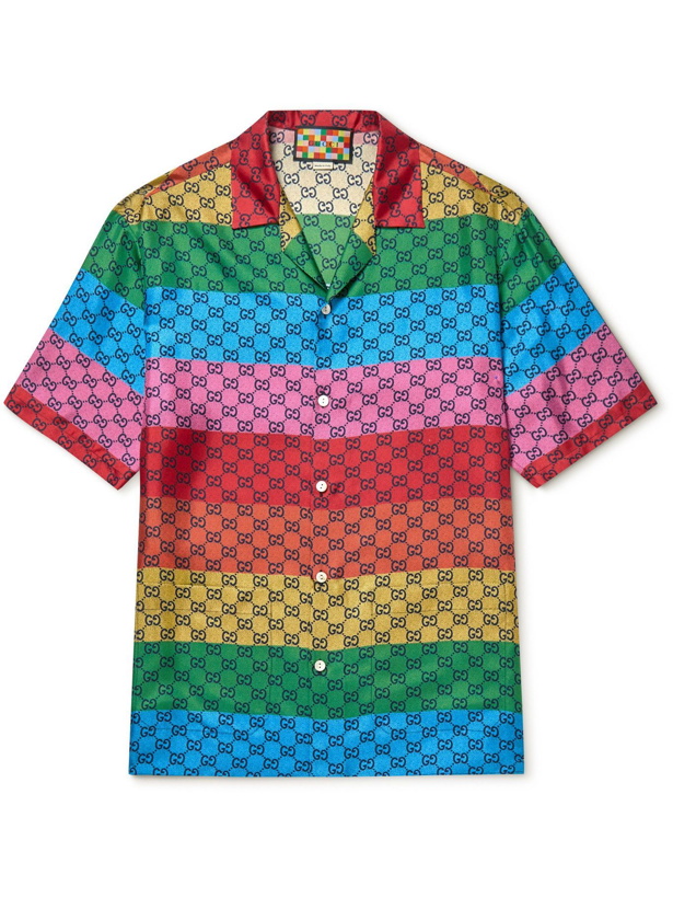 Photo: GUCCI - Oversized Camp-Collar Striped Logo-Print Silk-Twill Shirt - Multi