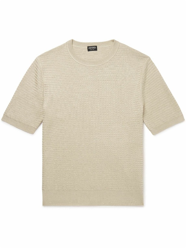Photo: Zegna - Herringbone Silk, Linen and Cashmere-Blend T-Shirt - Neutrals
