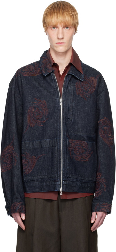 Photo: Dries Van Noten Navy Embroidered Pattern Denim Jacket