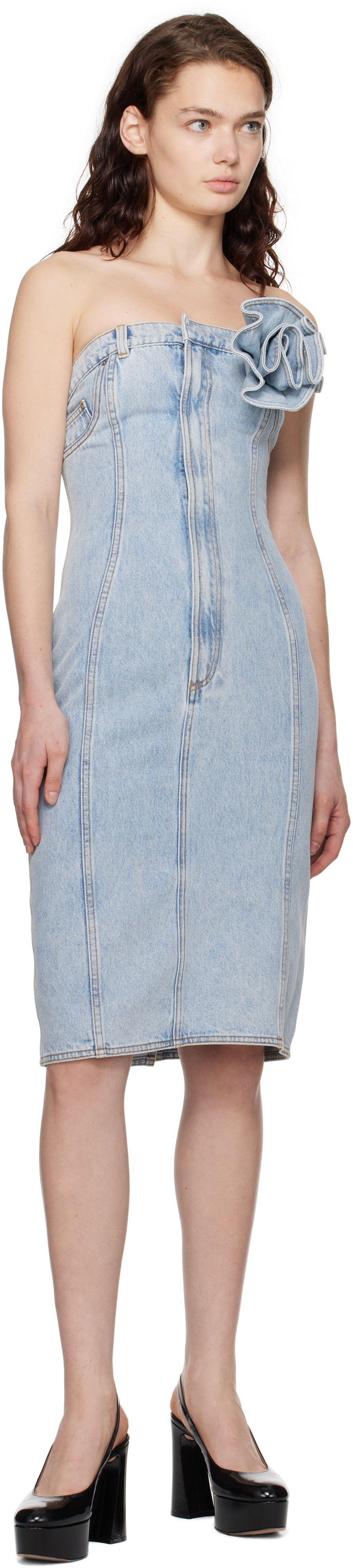 AREA Blue Flower Corsage Strapless Denim Midi Dress