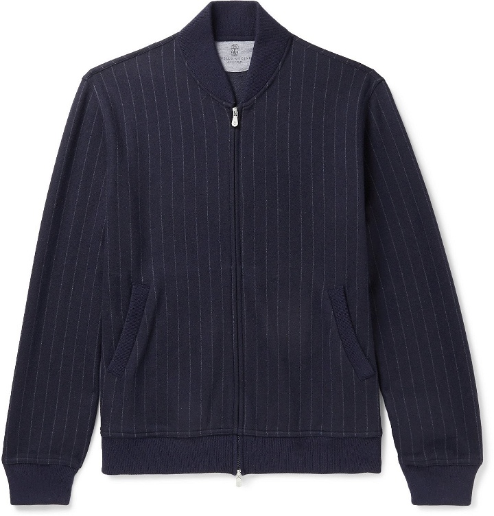 Photo: Brunello Cucinelli - Pinstriped Cashmere and Cotton-Blend Bomber Jacket - Blue