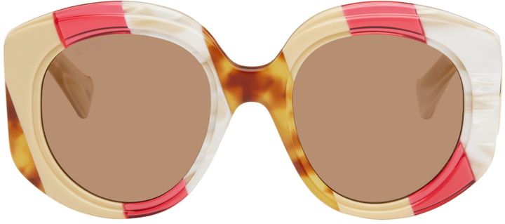 Photo: Gucci Beige & Red Oversized Round Sunglasses