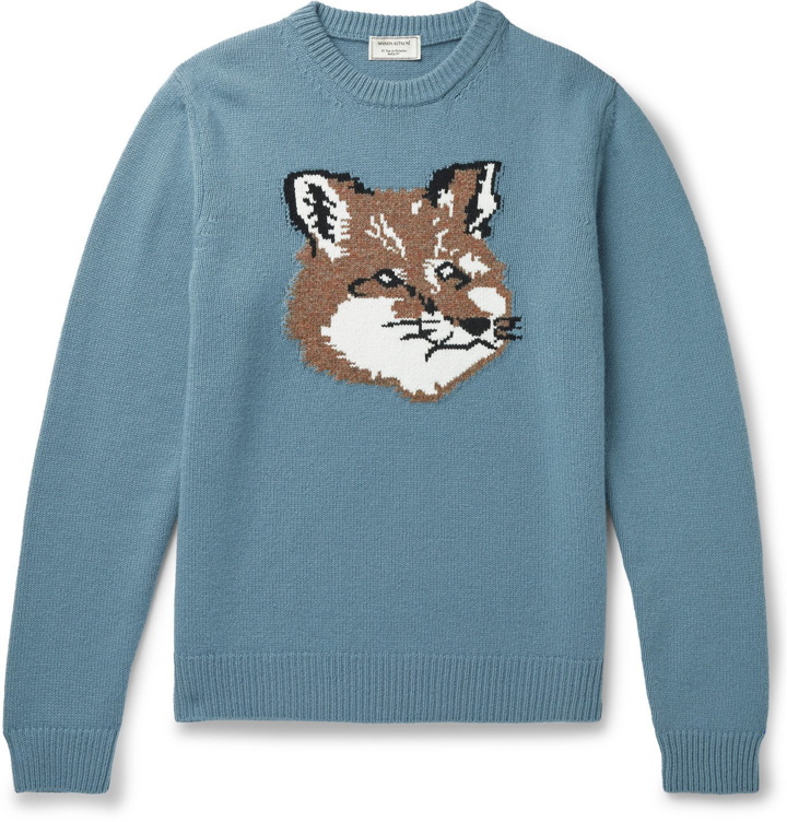 Photo: Maison Kitsuné - Logo-Intarsia Wool Sweater - Blue