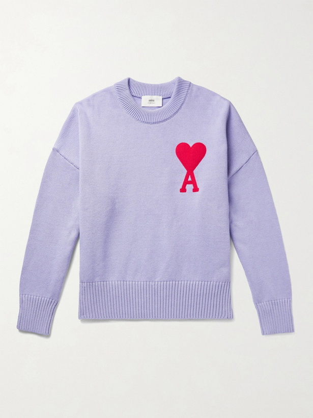 Photo: AMI PARIS - Logo-Intarsia Cotton-Blend Sweater - Purple