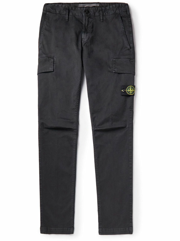 Photo: Stone Island - Slim-Fit Garment-Dyed Cotton-Blend Twill Cargo Trousers - Black