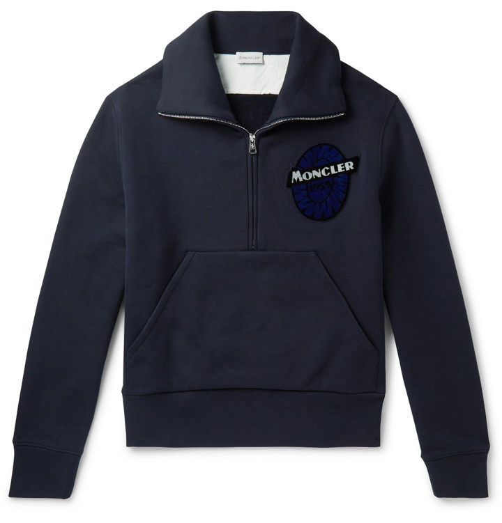 Photo: Moncler - Logo-Appliquéd Fleece-Back Cotton-Jersey Half-Zip Sweatshirt - Blue