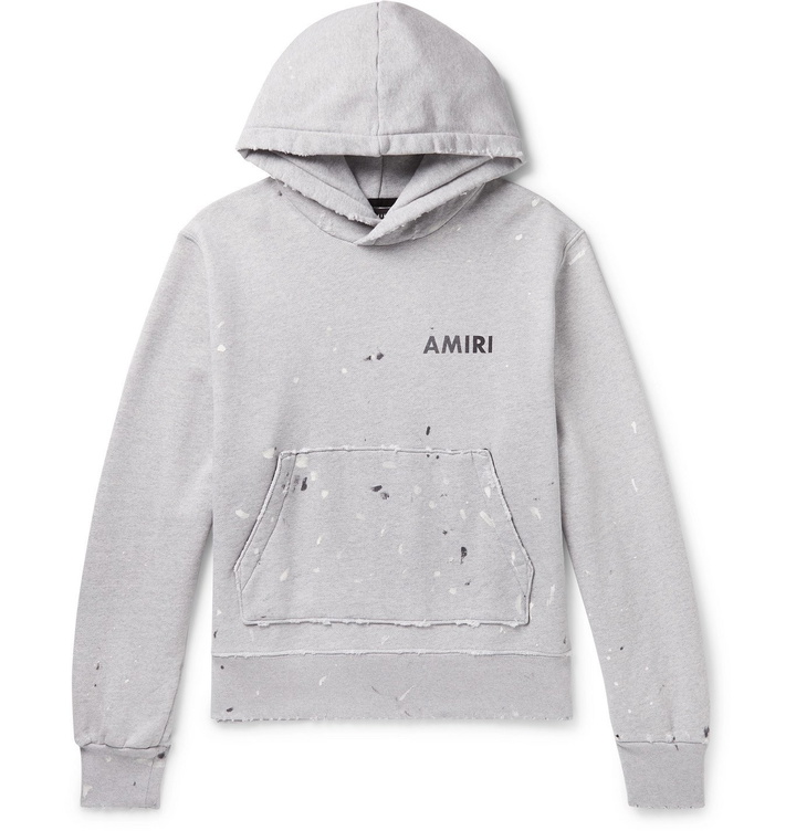 Photo: AMIRI - Paint-Splattered Logo-Print Mélange Fleece-Back Cotton-Jersey Hoodie - Gray