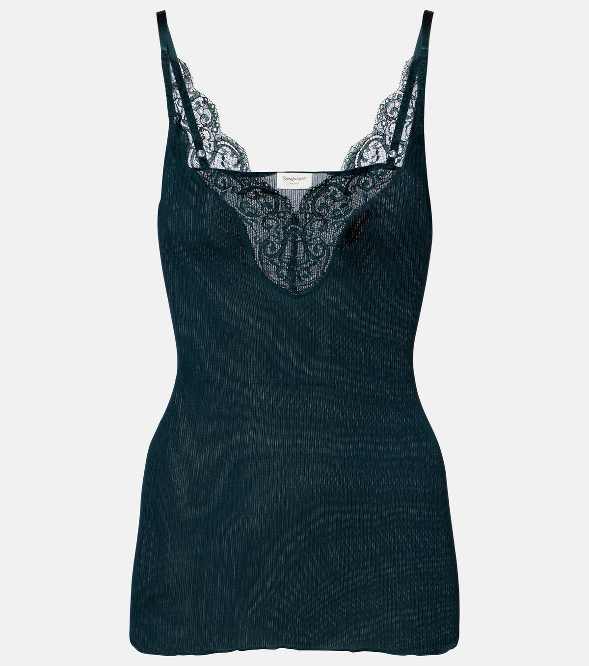 Saint Laurent Lace-trimmed ribbed-knit silk tank top