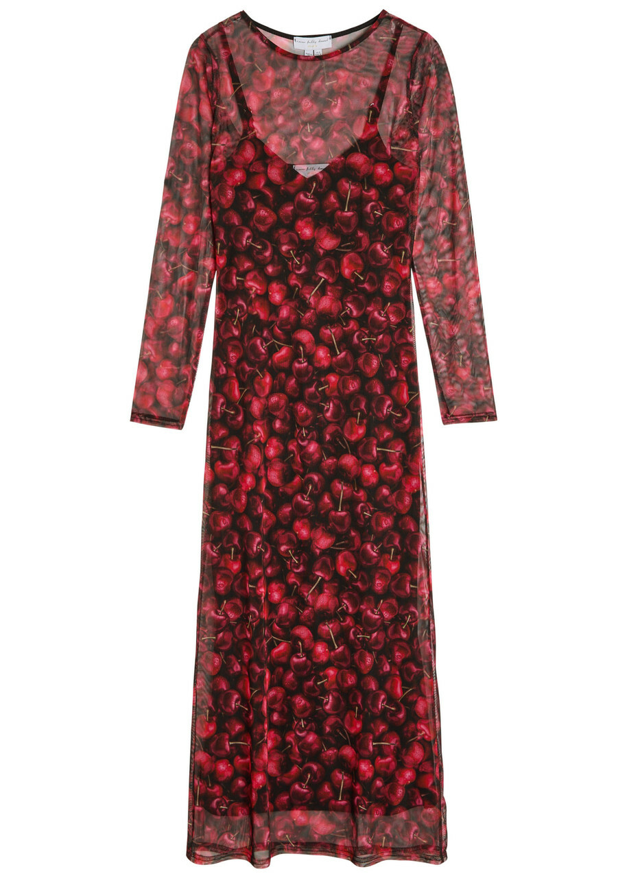 Never Fully Dressed Soho Cherry-print Mesh Midi Dress Black Red