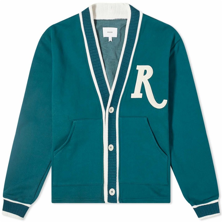 Photo: Rhude Men's R-Patch Terry Cardigan in Teal/Cream