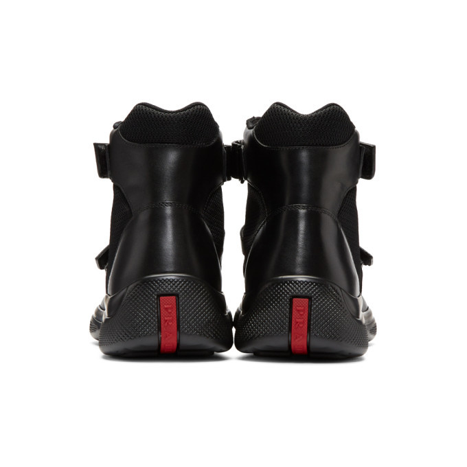 靴 PRADA verclo leather shoes black Prada Black Leather and Mesh Velcro High-Top Sneakers Prada