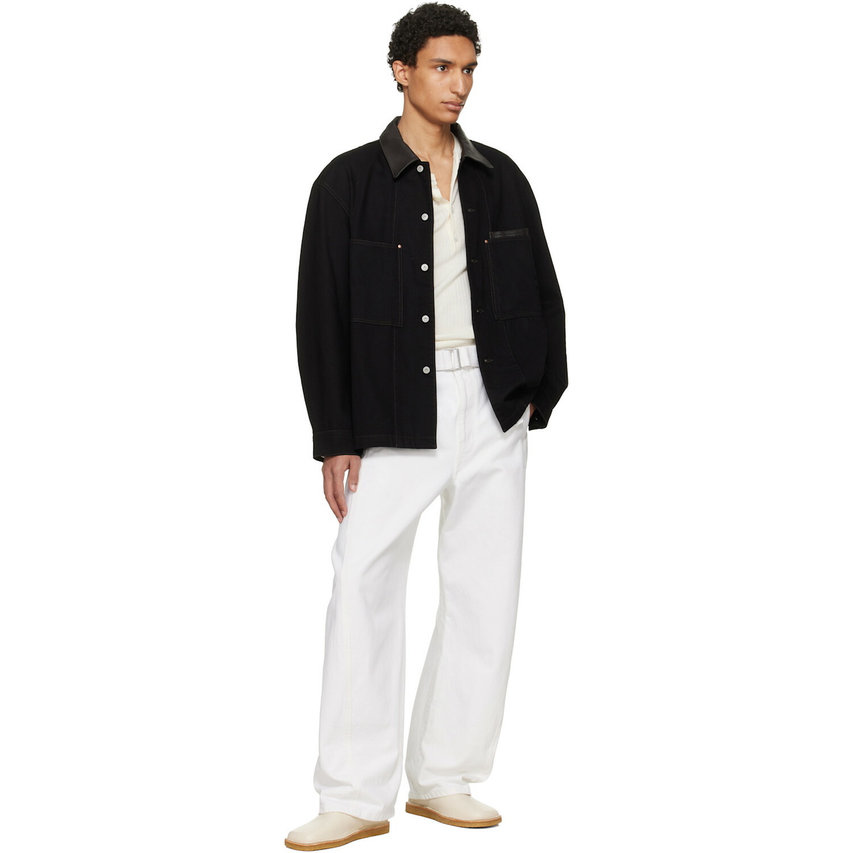 LEMAIRE Black Workwear Leather Collar Denim Overshirt