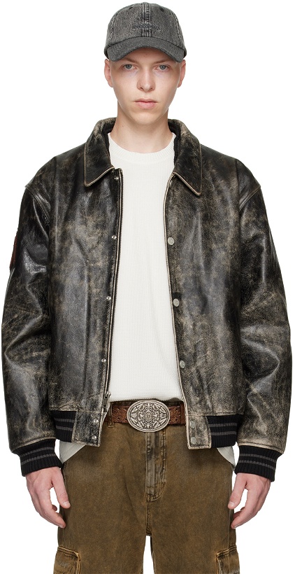Photo: GUESS USA Black Distressed Leather Bomber Jacket