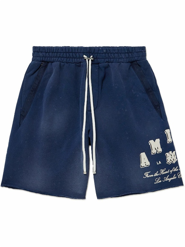 Photo: AMIRI - Straight-Leg Distressed Logo-Print Cotton-Jersey Drawstring Shorts - Blue
